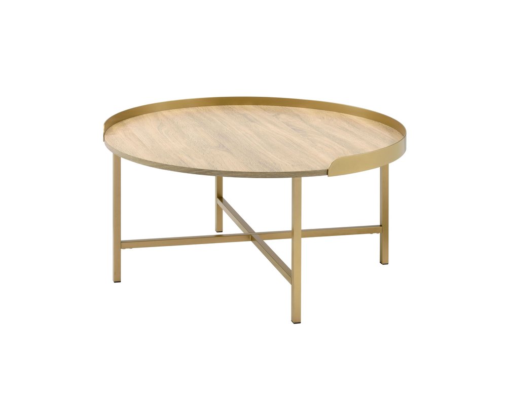 Oak and Gold Wood and Metal Round Sled Coffee Table - 34-inch