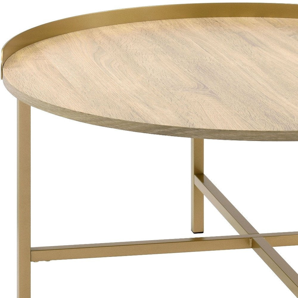 Oak and Gold Wood and Metal Round Sled Coffee Table - 34-inch
