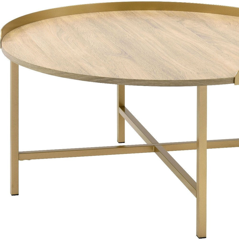 Oak and Gold Wood and Metal Round Sled Coffee Table - 34-inch