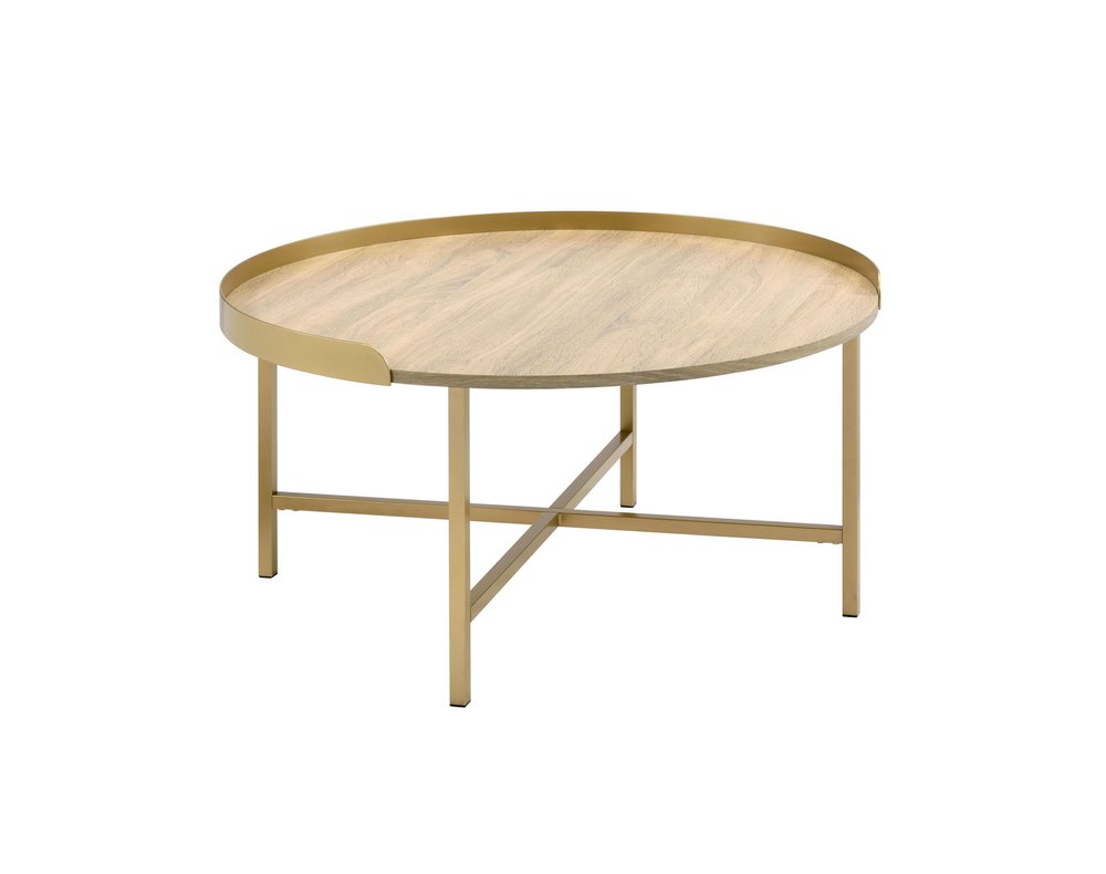 Oak and Gold Wood and Metal Round Sled Coffee Table - 34-inch