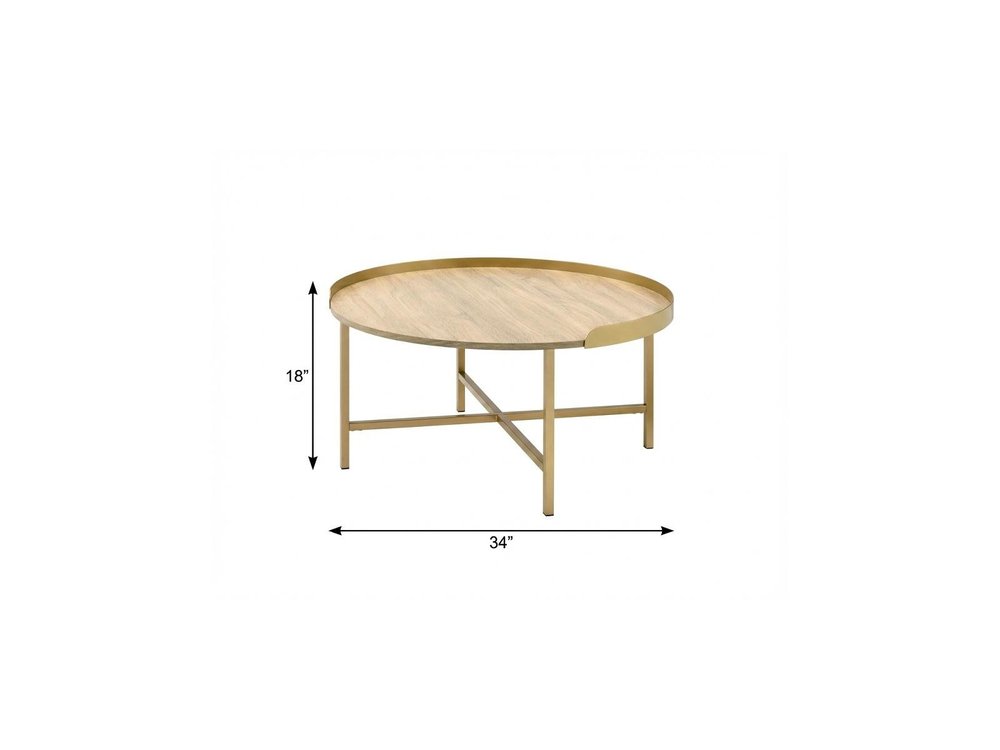 Oak and Gold Wood and Metal Round Sled Coffee Table - 34-inch