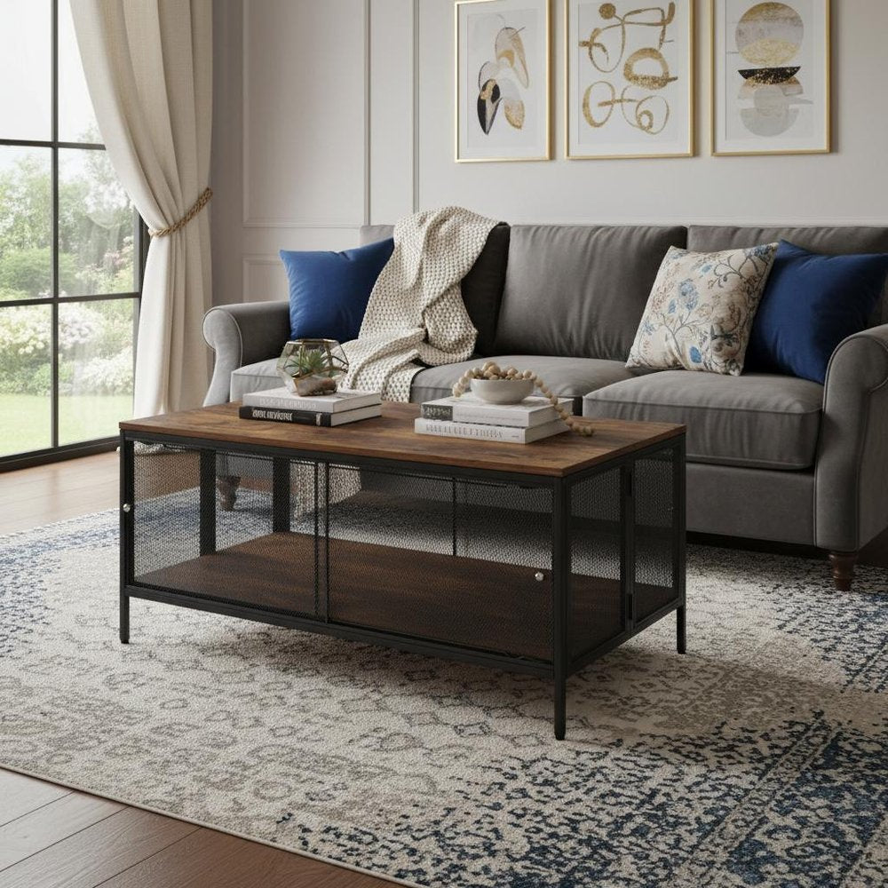 Brown and Black Wood and Metal Frame Coffee Table with Shelf - 41-inch