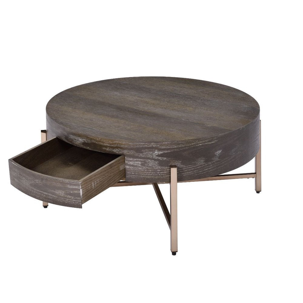 Dark Brown and Champagne Wood and Metal Round Sled Coffee Table with Drawer