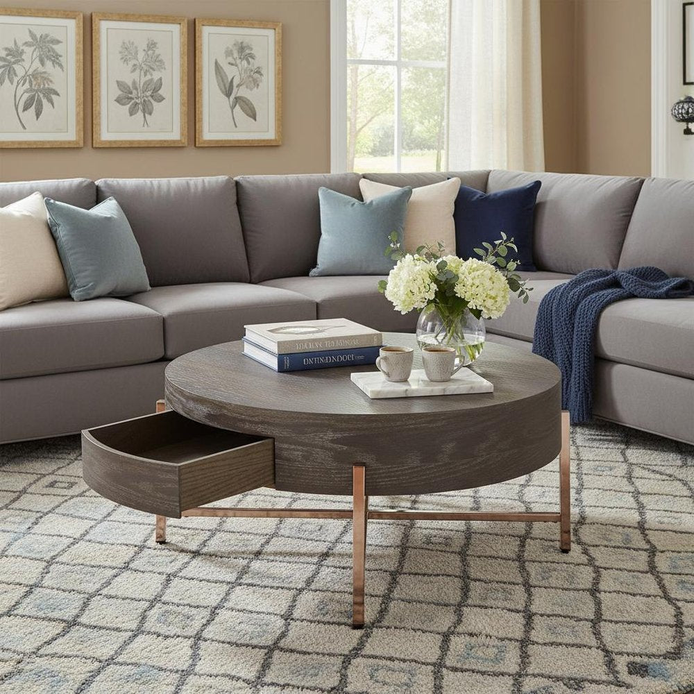 Dark Brown and Champagne Wood and Metal Round Sled Coffee Table with Drawer
