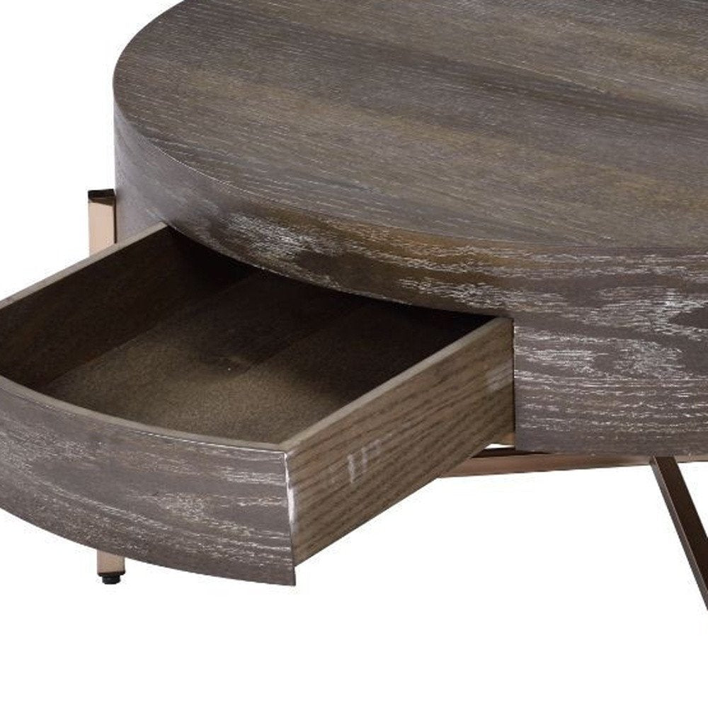 Dark Brown and Champagne Wood and Metal Round Sled Coffee Table with Drawer