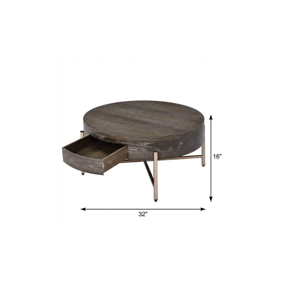 Dark Brown and Champagne Wood and Metal Round Sled Coffee Table with Drawer