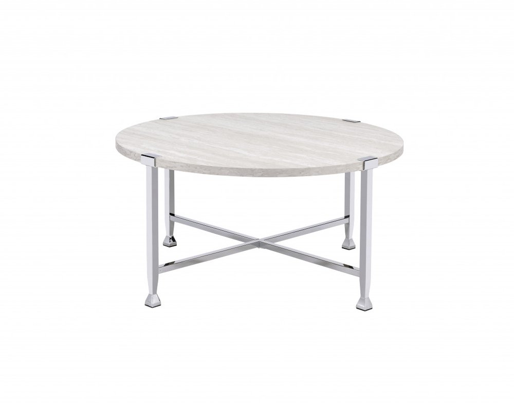 White and Silver Metal Round Cross Legs Coffee Table - 36-inch