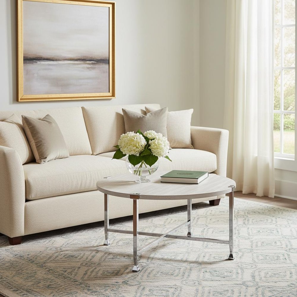 White and Silver Metal Round Cross Legs Coffee Table - 36-inch