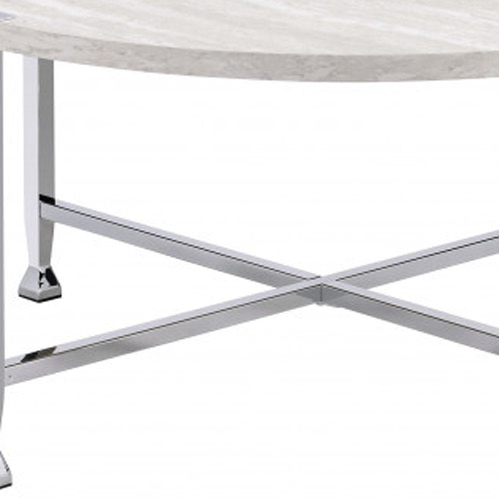 White and Silver Metal Round Cross Legs Coffee Table - 36-inch
