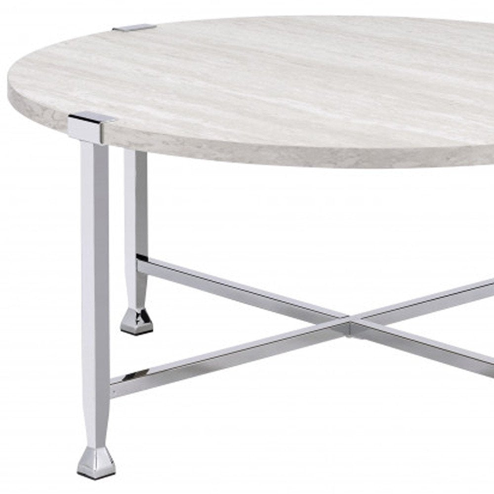 White and Silver Metal Round Cross Legs Coffee Table - 36-inch