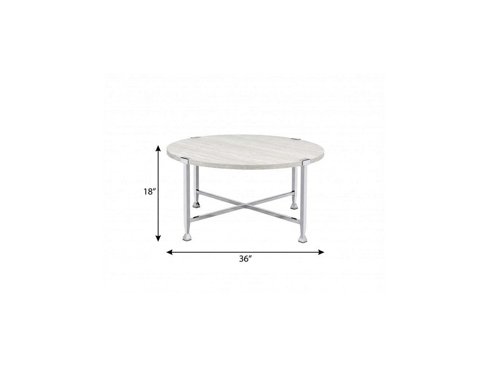 White and Silver Metal Round Cross Legs Coffee Table - 36-inch