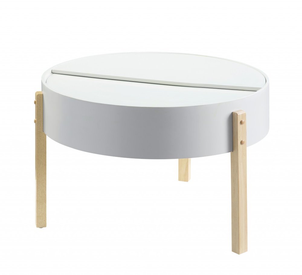 White and Natural Wood and Solid Wood Round Coffee Table - 32-inch