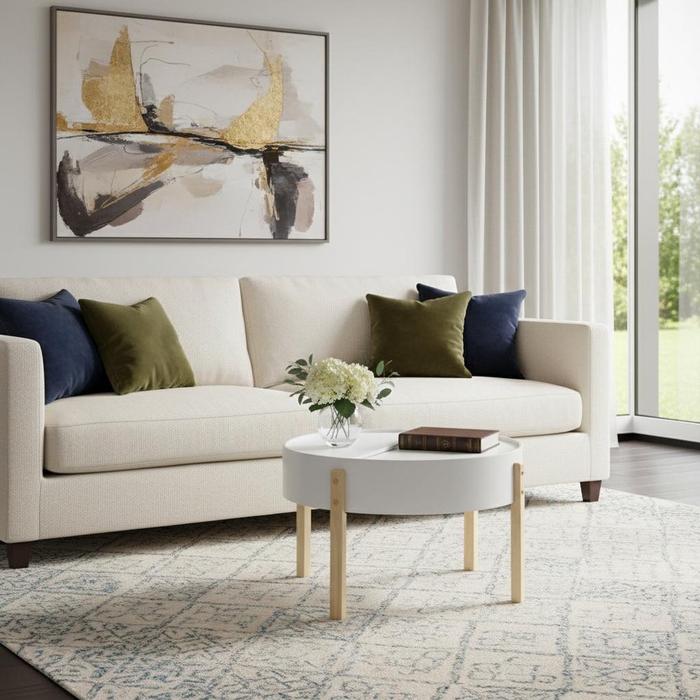 White and Natural Wood and Solid Wood Round Coffee Table - 32-inch