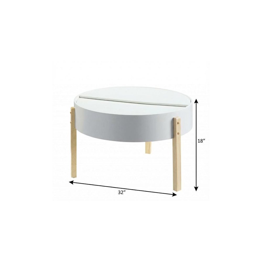 White and Natural Wood and Solid Wood Round Coffee Table - 32-inch