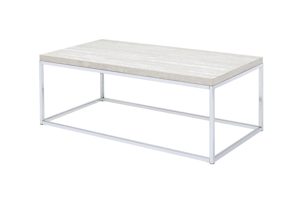 Chrome and White Oak Manufactured Wood and Metal Rectangular Coffee Table