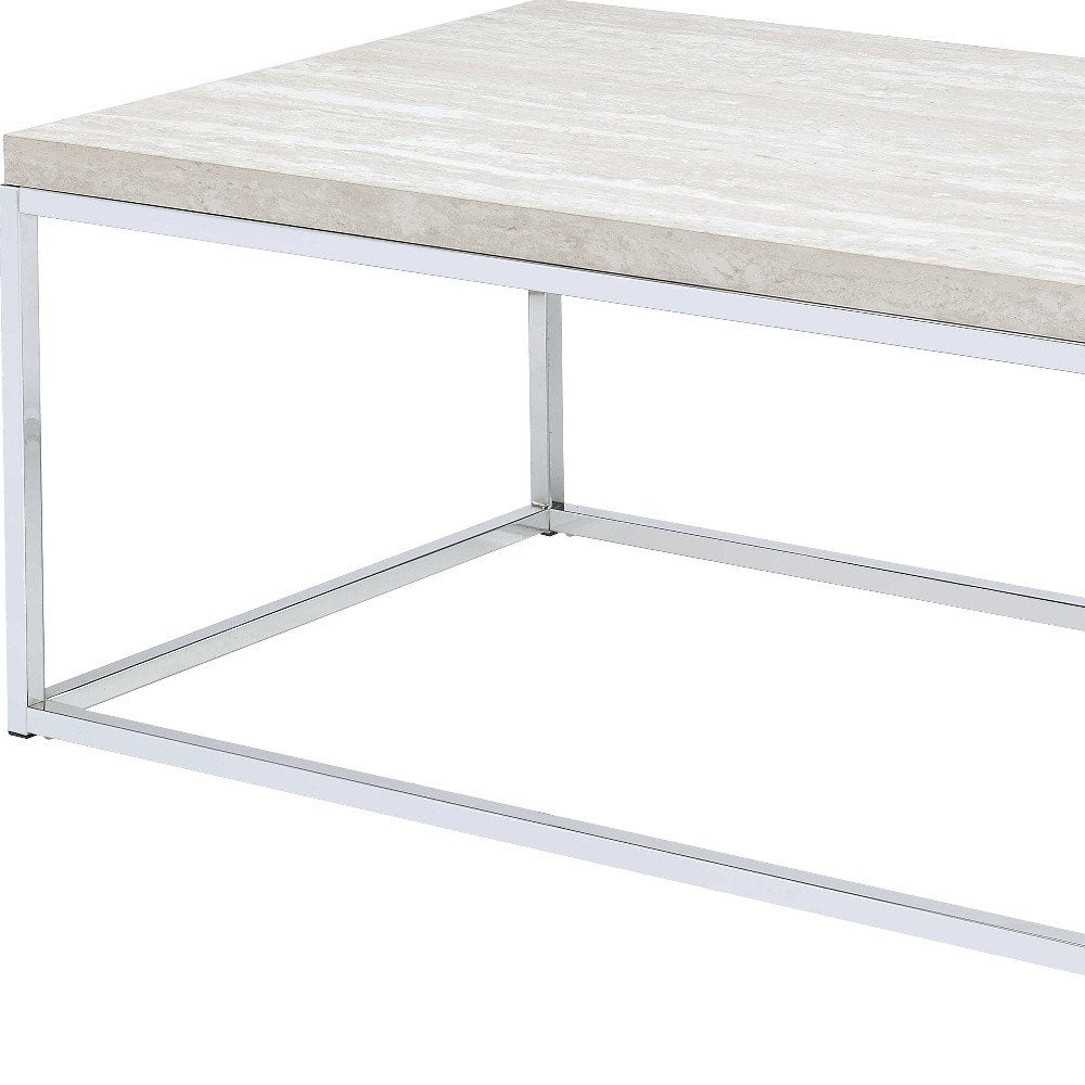 Chrome and White Oak Manufactured Wood and Metal Rectangular Coffee Table