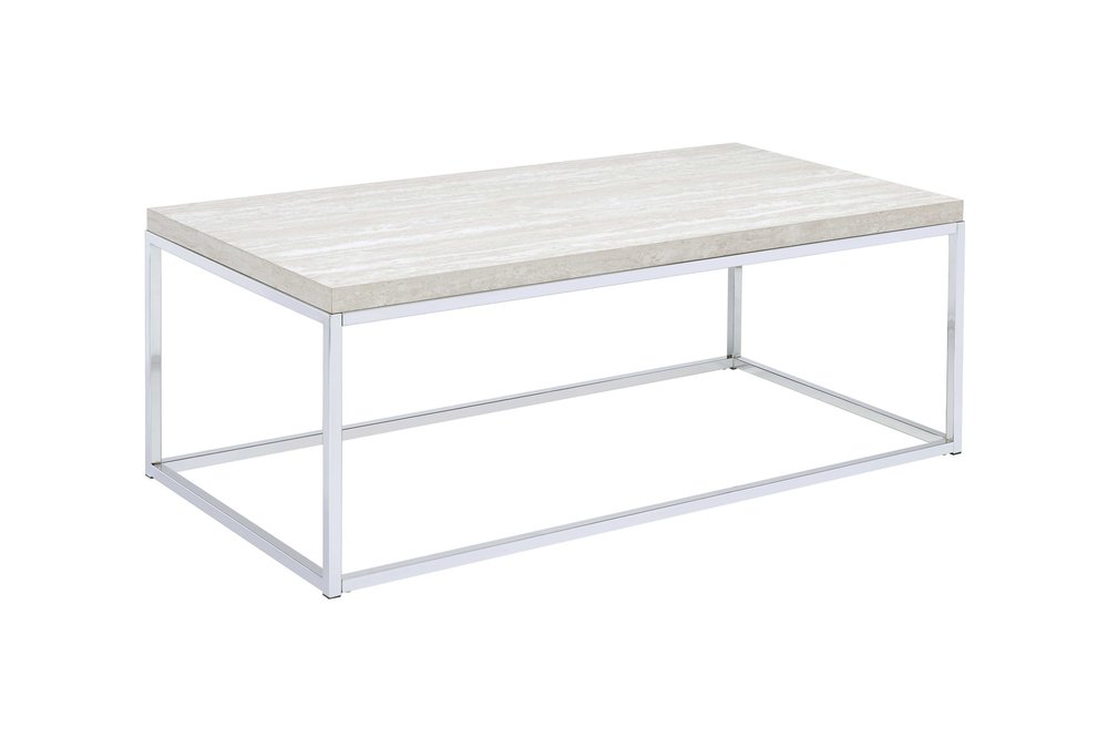Chrome and White Oak Manufactured Wood and Metal Rectangular Coffee Table