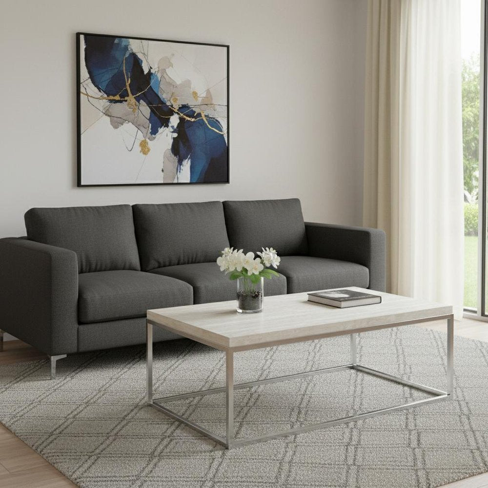 Chrome and White Oak Manufactured Wood and Metal Rectangular Coffee Table