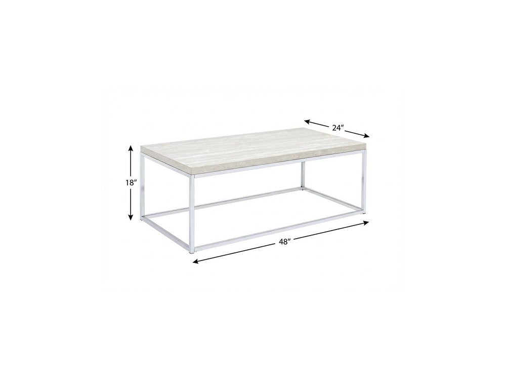 Chrome and White Oak Manufactured Wood and Metal Rectangular Coffee Table