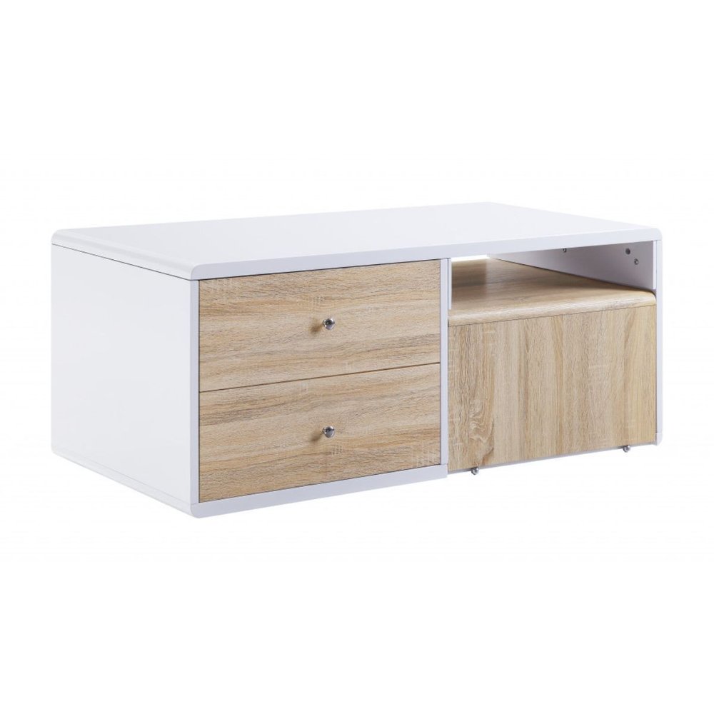 White and Natural Wood Frame Coffee Table with Two Drawers - 47-inch