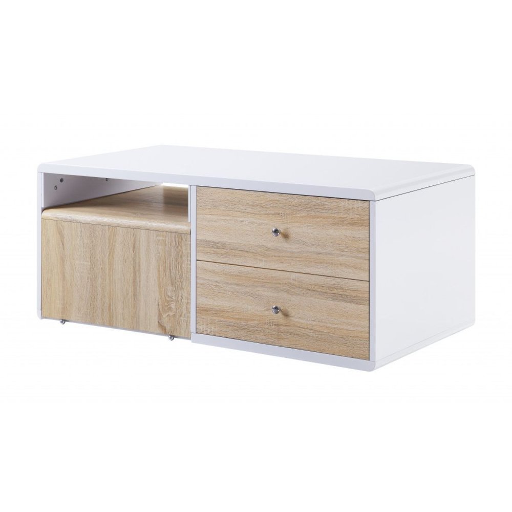 White and Natural Wood Frame Coffee Table with Two Drawers - 47-inch