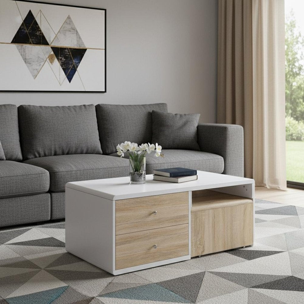 White and Natural Wood Frame Coffee Table with Two Drawers - 47-inch