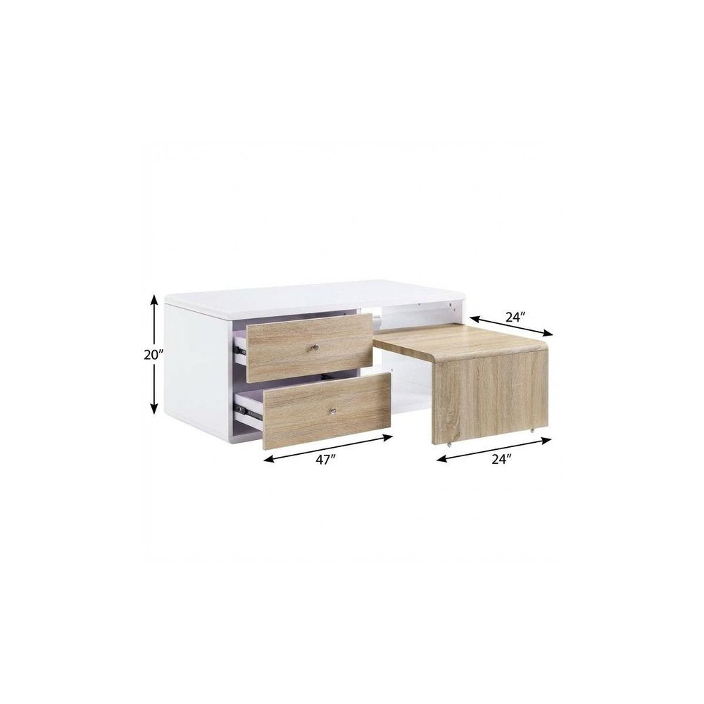White and Natural Wood Frame Coffee Table with Two Drawers - 47-inch