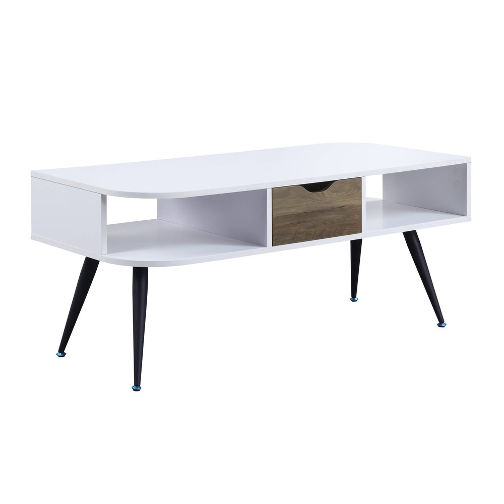 White and Black Melamine Veneer and Metal Coffee Table with Drawer and Shelf