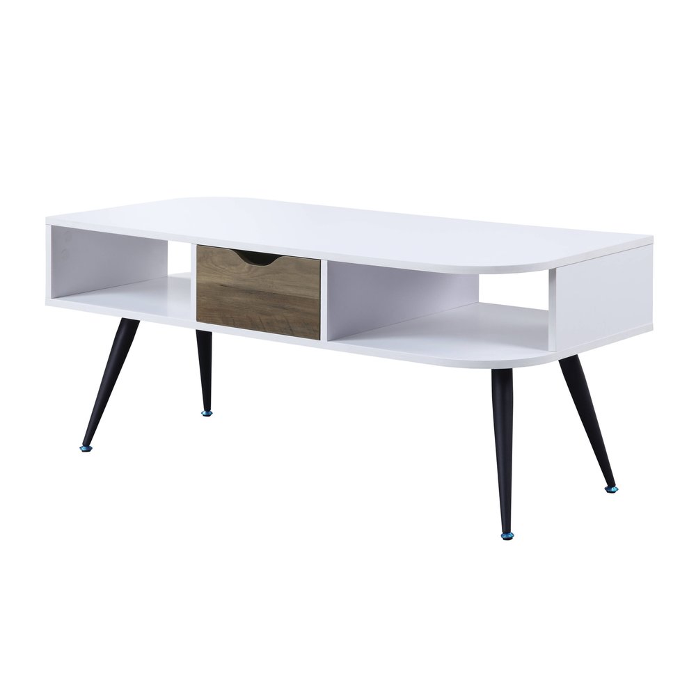 White and Black Melamine Veneer and Metal Coffee Table with Drawer and Shelf