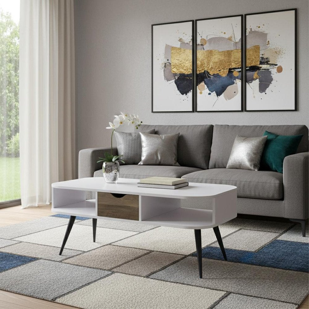 White and Black Melamine Veneer and Metal Coffee Table with Drawer and Shelf