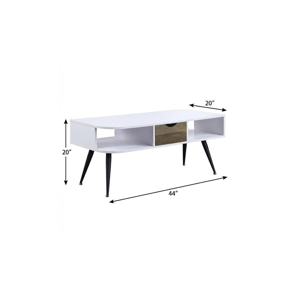 White and Black Melamine Veneer and Metal Coffee Table with Drawer and Shelf