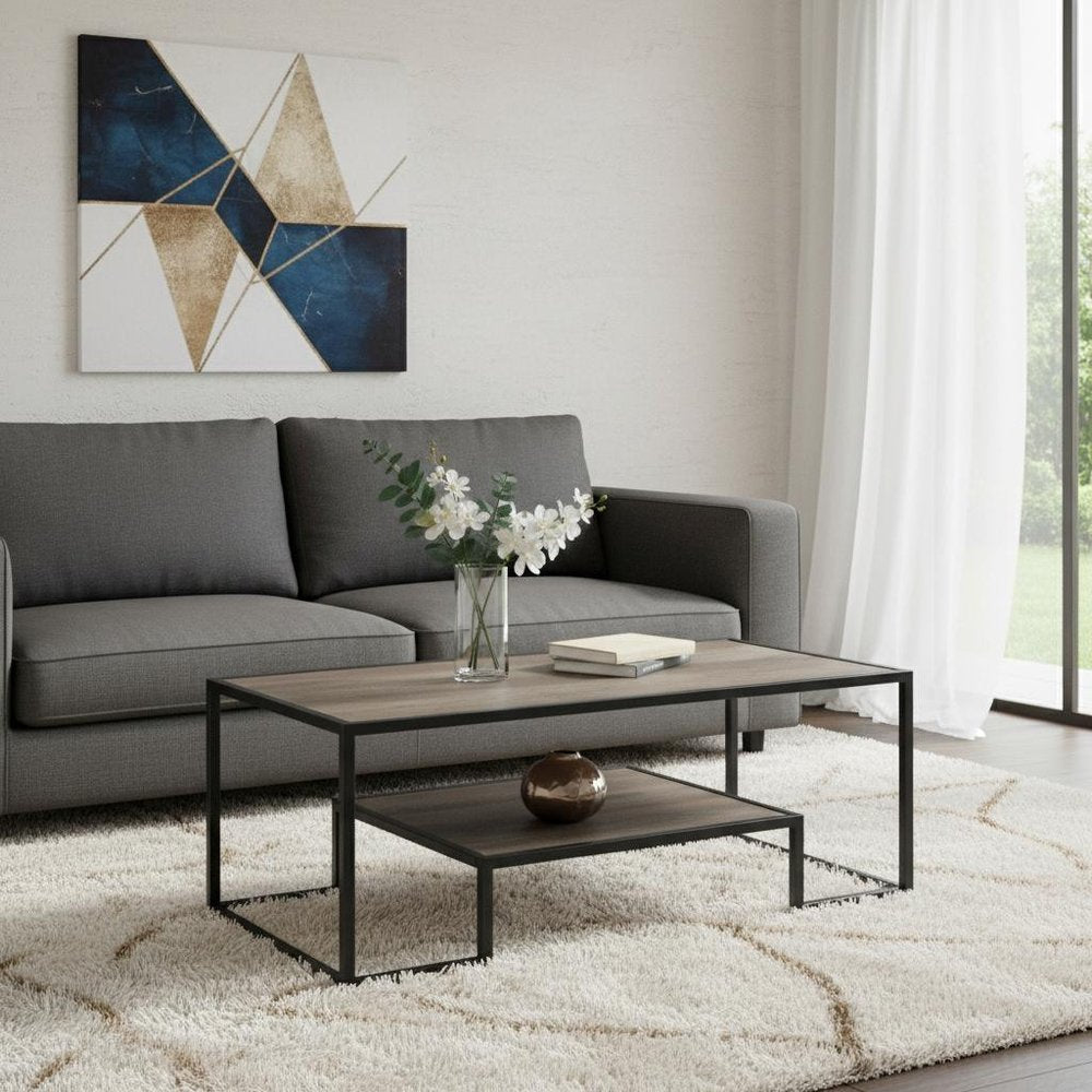 Brown and Black Metal Sled Coffee Table with Shelf - 45-inch
