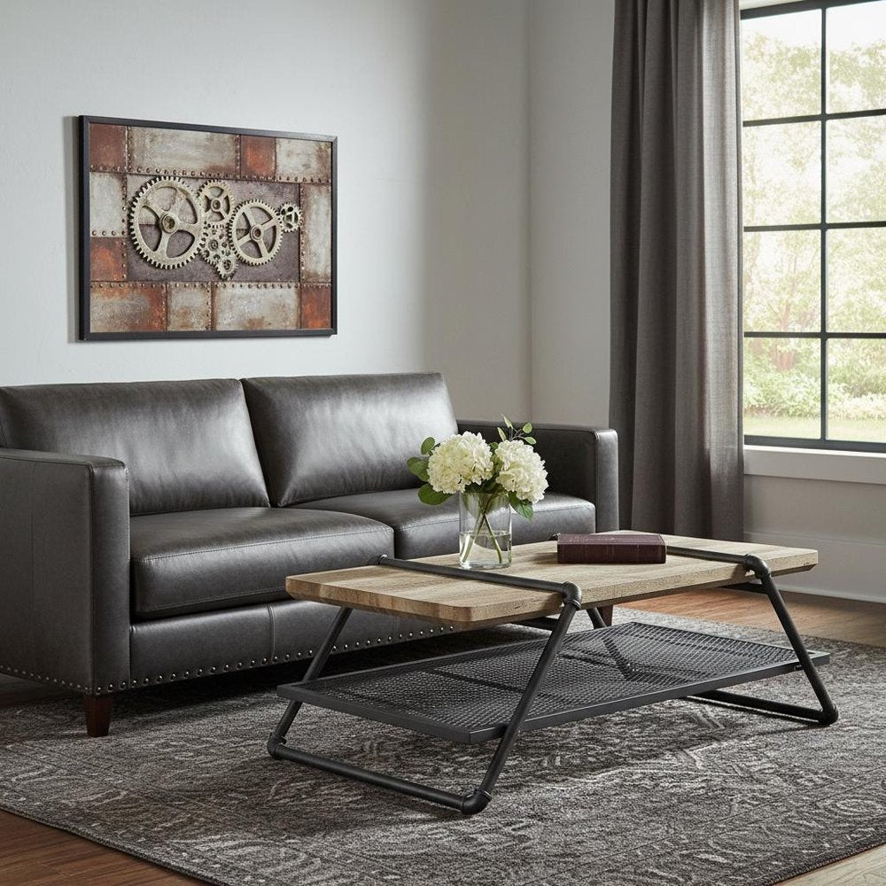 Natural and Gray Metal Sled Coffee Table with Shelf - 47-inch