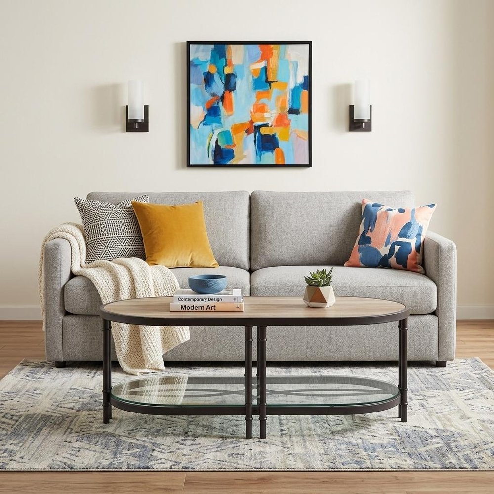 Natural Metal Oval Sled Coffee Table with Shelf - 47-inch
