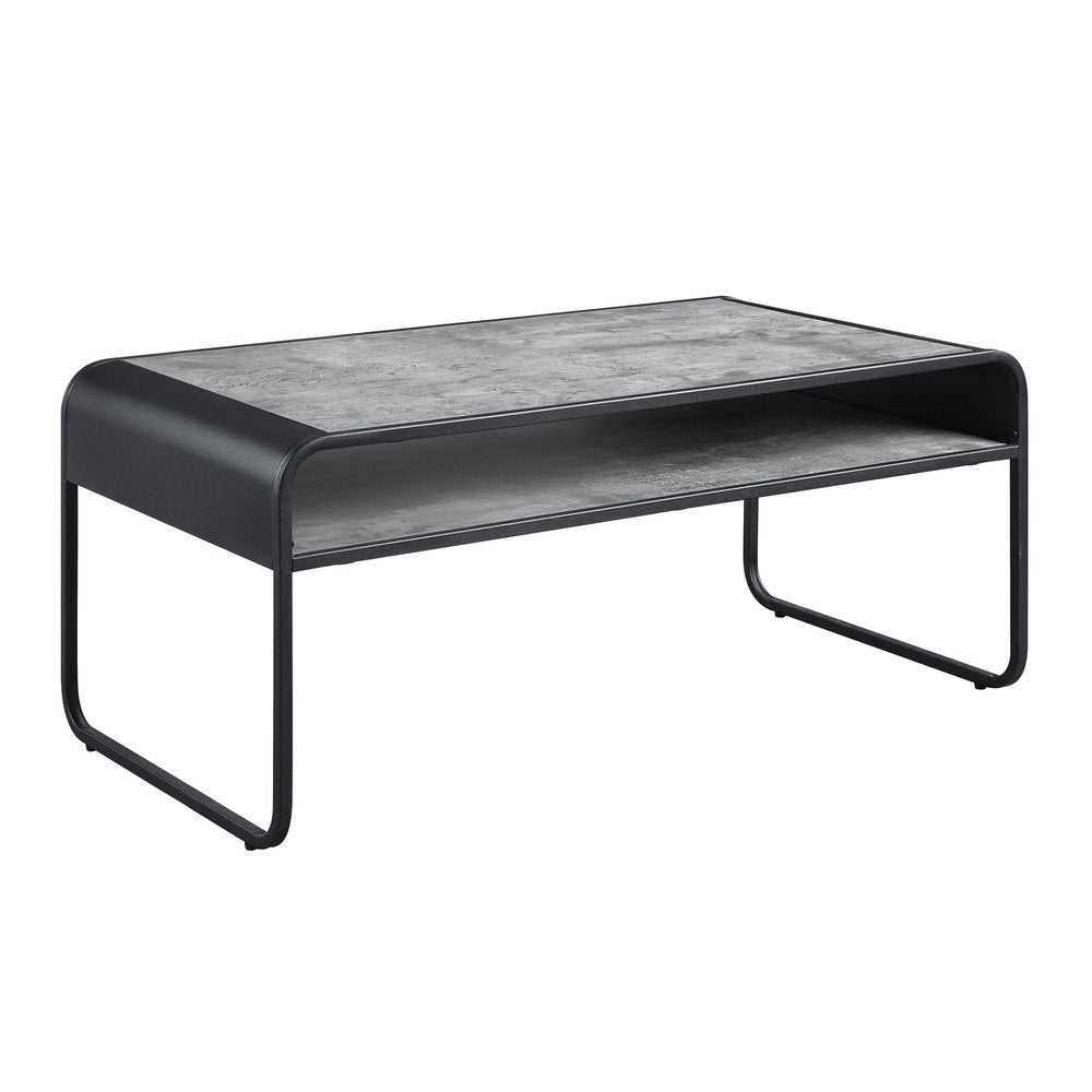 Gray and Black Concrete and Metal Sled Coffee Table with Shelf