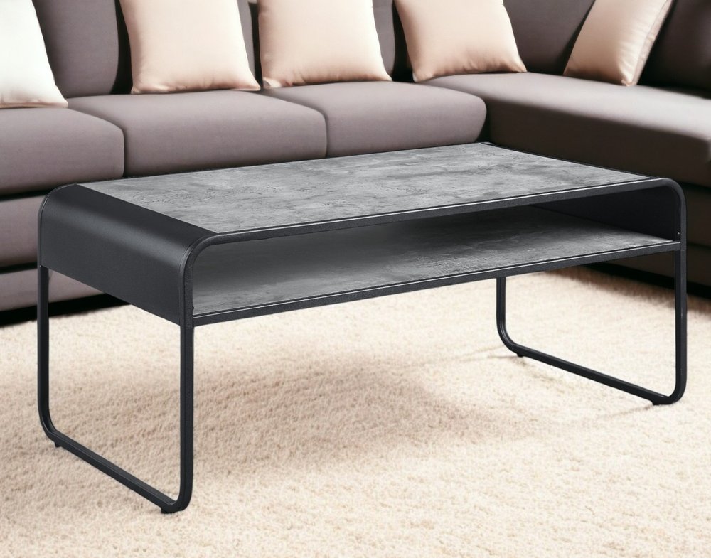 Gray and Black Concrete and Metal Sled Coffee Table with Shelf