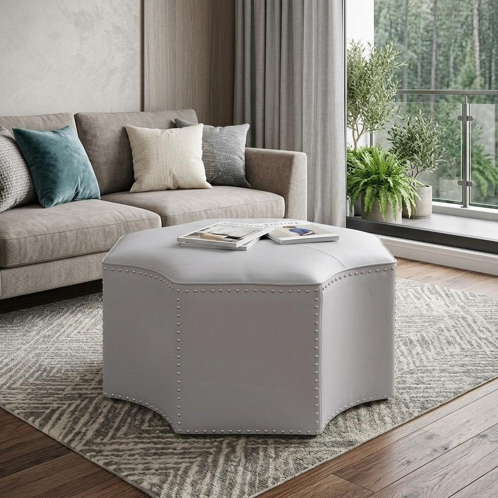 Silver Faux Leather Tufted Octagonal Cocktail Ottoman - 33-inch