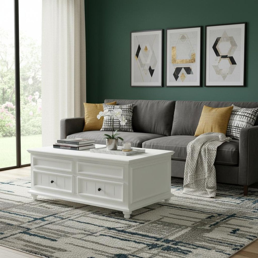 White Wood Lift Top Solid Coffee Table with Two Drawers - 48-inch