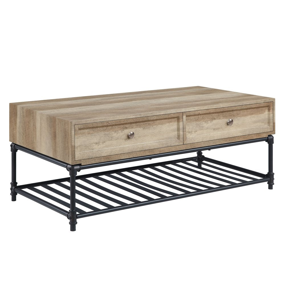 Oak and Brown Metal Coffee Table with Two Drawers and Shelf - 47-inch