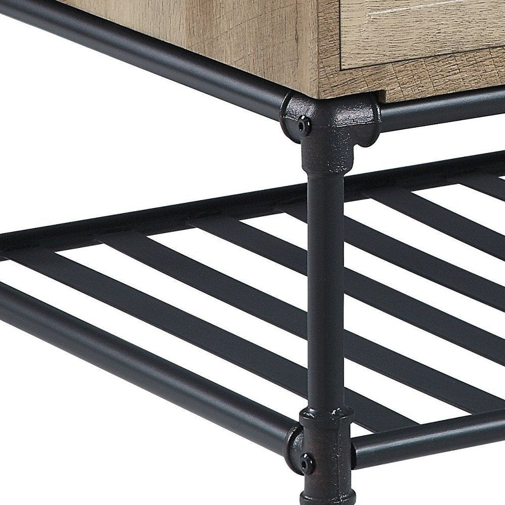 Oak and Brown Metal Coffee Table with Two Drawers and Shelf - 47-inch