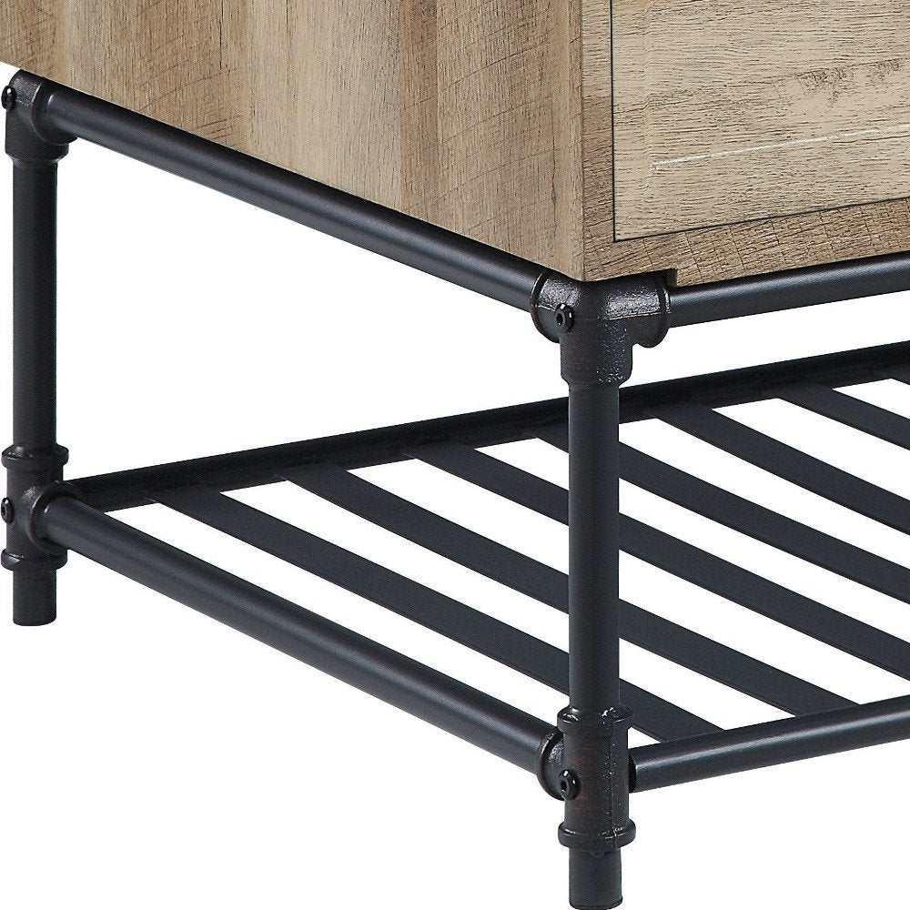 Oak and Brown Metal Coffee Table with Two Drawers and Shelf - 47-inch