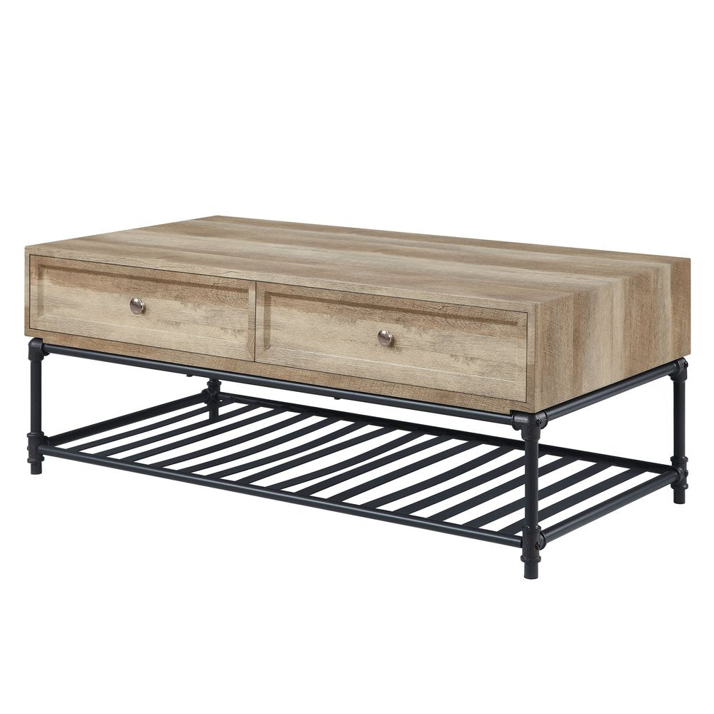 Oak and Brown Metal Coffee Table with Two Drawers and Shelf - 47-inch