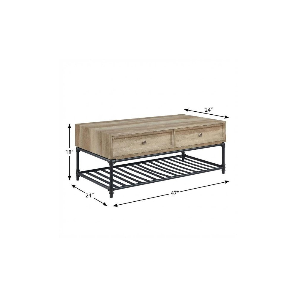 Oak and Brown Metal Coffee Table with Two Drawers and Shelf - 47-inch