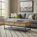 Oak and Brown Metal Coffee Table with Two Drawers and Shelf - 47-inch