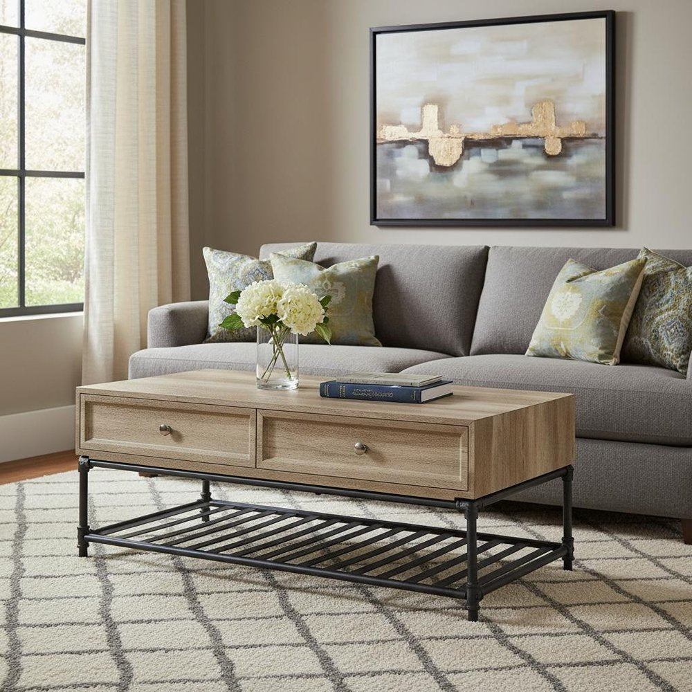 Oak and Brown Metal Coffee Table with Two Drawers and Shelf - 47-inch