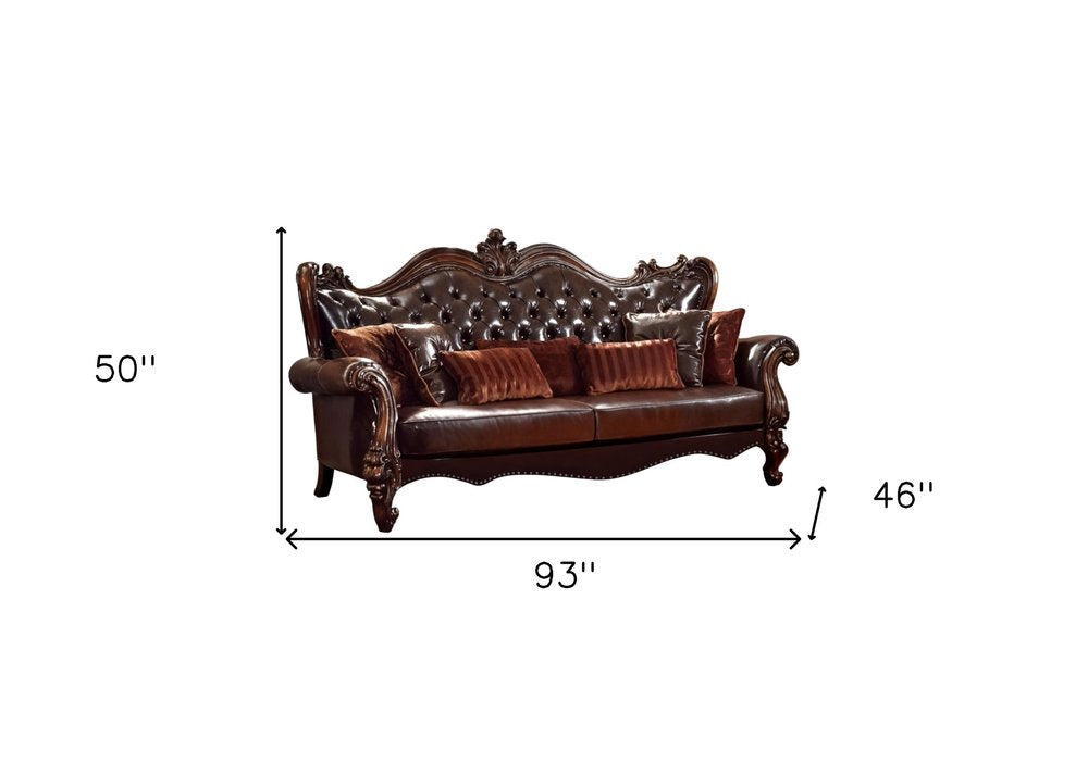 Brown Faux Leather Sofa and Toss Pillows with Burgundy Legs - 93-inch