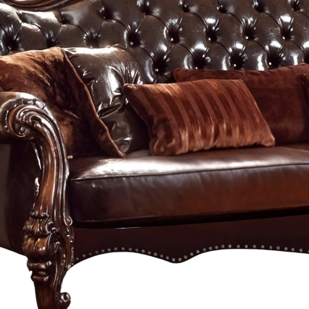 Brown Faux Leather Sofa and Toss Pillows with Burgundy Legs - 93-inch