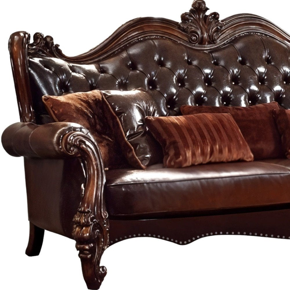Brown Faux Leather Sofa and Toss Pillows with Burgundy Legs - 93-inch