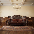 Brown Faux Leather Sofa and Toss Pillows with Burgundy Legs - 93-inch