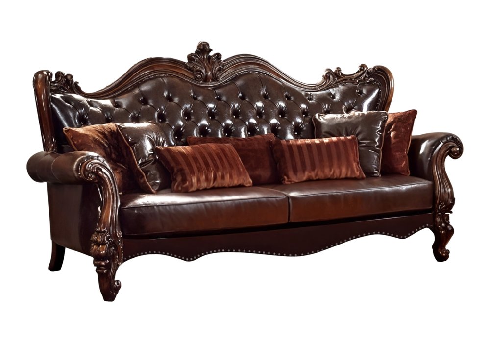 Brown Faux Leather Sofa and Toss Pillows with Burgundy Legs - 93-inch